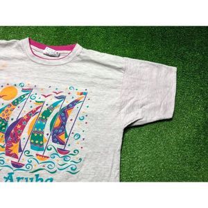 Vintage 90s Aruba Sail Boat Men's Short Sleeve Graphic Tee Size Medium Gray